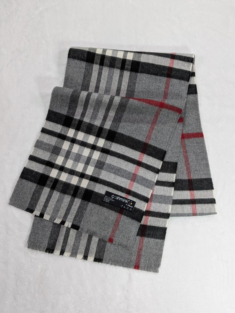 V. Fraas Cashmink Scarf Grey Black Red Plaid Winter Unisex Made in Germany 12x72